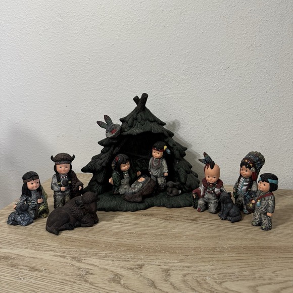 Other - Native American Nativity Scene Kimple Hand Painted Ceramic 13 Pieces‎ Vintage